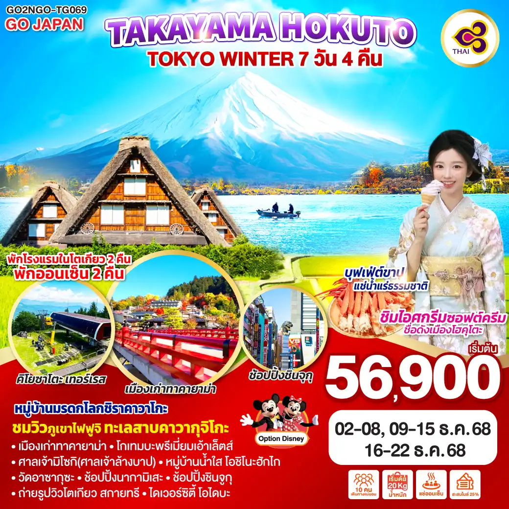 ทัวร์ญี่ปุ่น TAKAYAMA HOKUTO TOKYO WINTER 7วัน 4คืน  (TG)