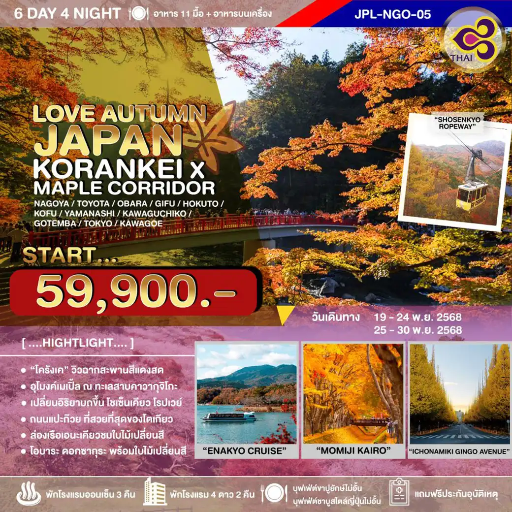 ทัวร์ญี่ปุ่น LOVE AUTUMN JAPAN KORANKEI x MAPLE CORRIDOR 6วัน 4คืน (TG)