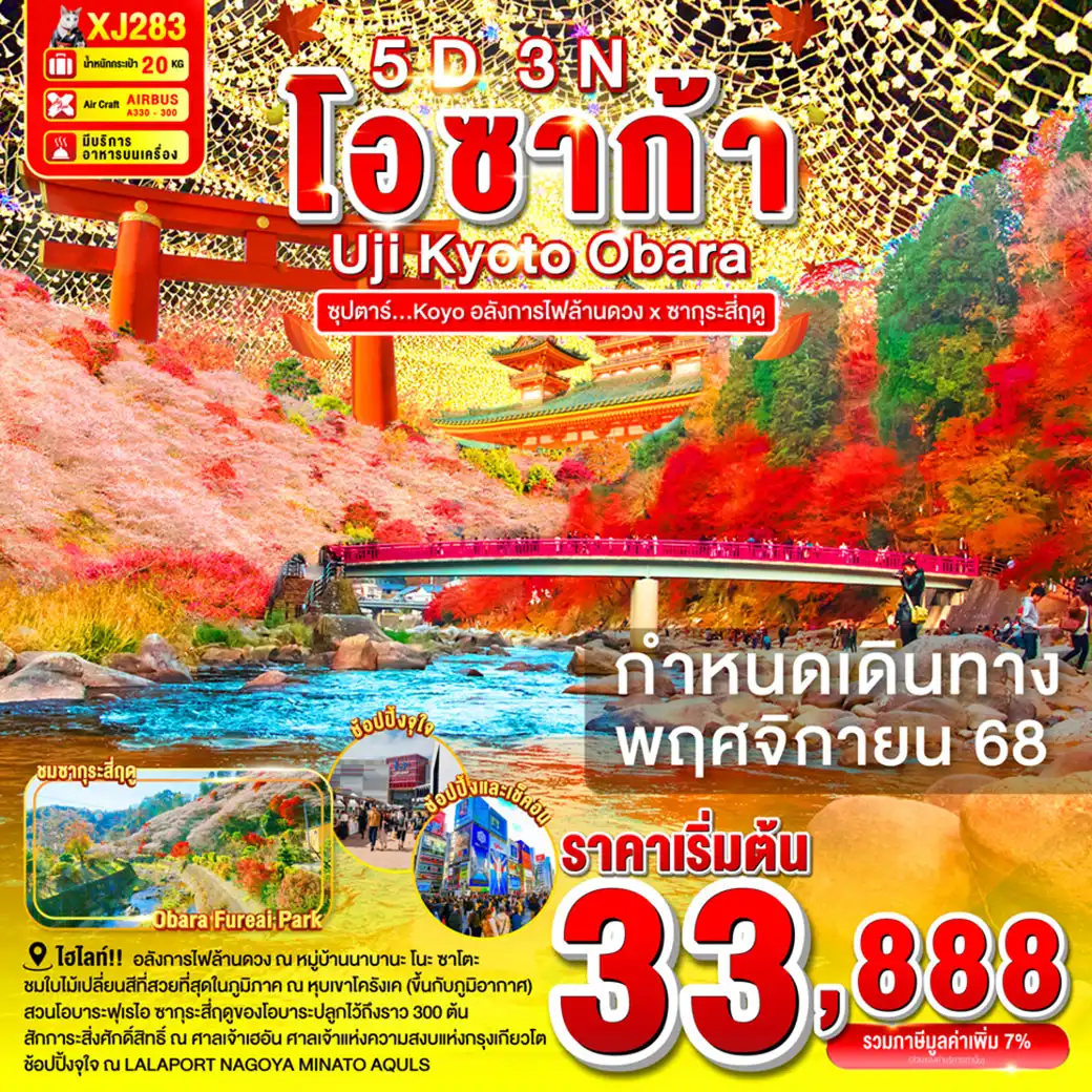 ทัวร์ญี่ปุ่น  OSAKA UJI KYOTO OBARA ซุปตาร์...Kōyō อลังการไฟล้านดวง ซากุระสี่ฤดู 5วัน 3คืน (XJ)