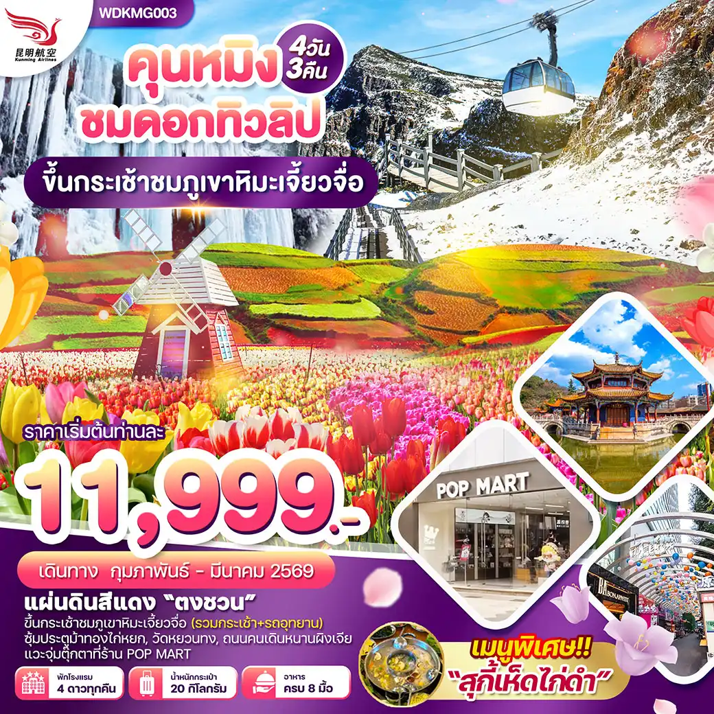 ทัวร์จีน  คุนหมิง ชมดอกทิวลิป ขึ้นกระเช้าชมภูเขาหิมะเจี้ยวจื่อ 4วัน 3คืน (KY)