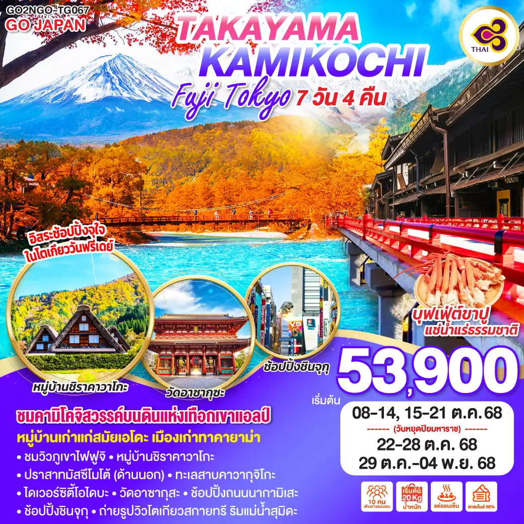 ทัวร์ญี่ปุ่น TAKAYAMA KAMIKOCHI FUJI TOKYO 7วัน 4คืน (TG)