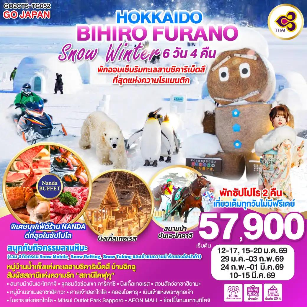 ทัวร์ญี่ปุ่น HOKKAIDO BIHIRO FURANO SNOW WINTER 6วัน 4คืน (TG)