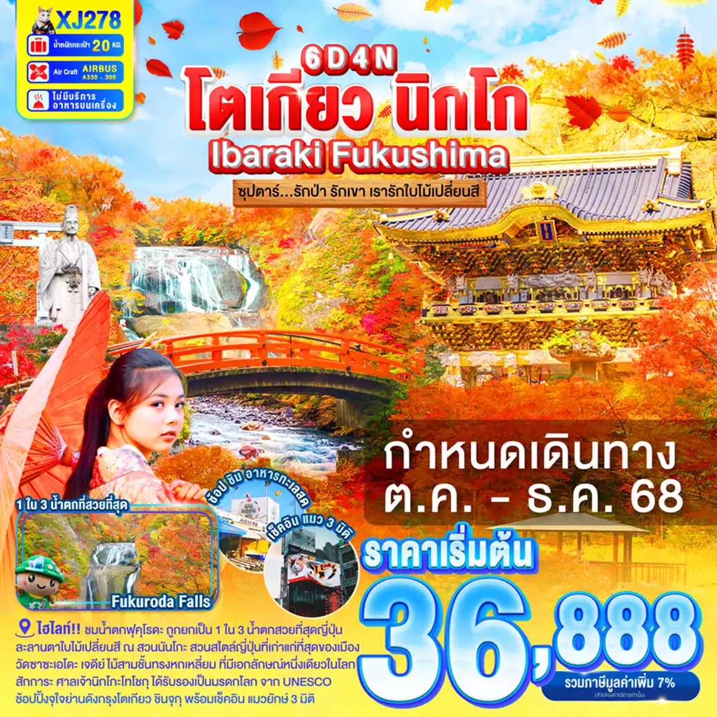 ทัวร์ญี่ปุ่น  TOKYO IBARAKI NIKKO FUKUSHIMA ซุปตาร์...รักป่า รักเขา เรารักใบไม้เปลี่ยนสี 6วัน 4คืน (XJ)
