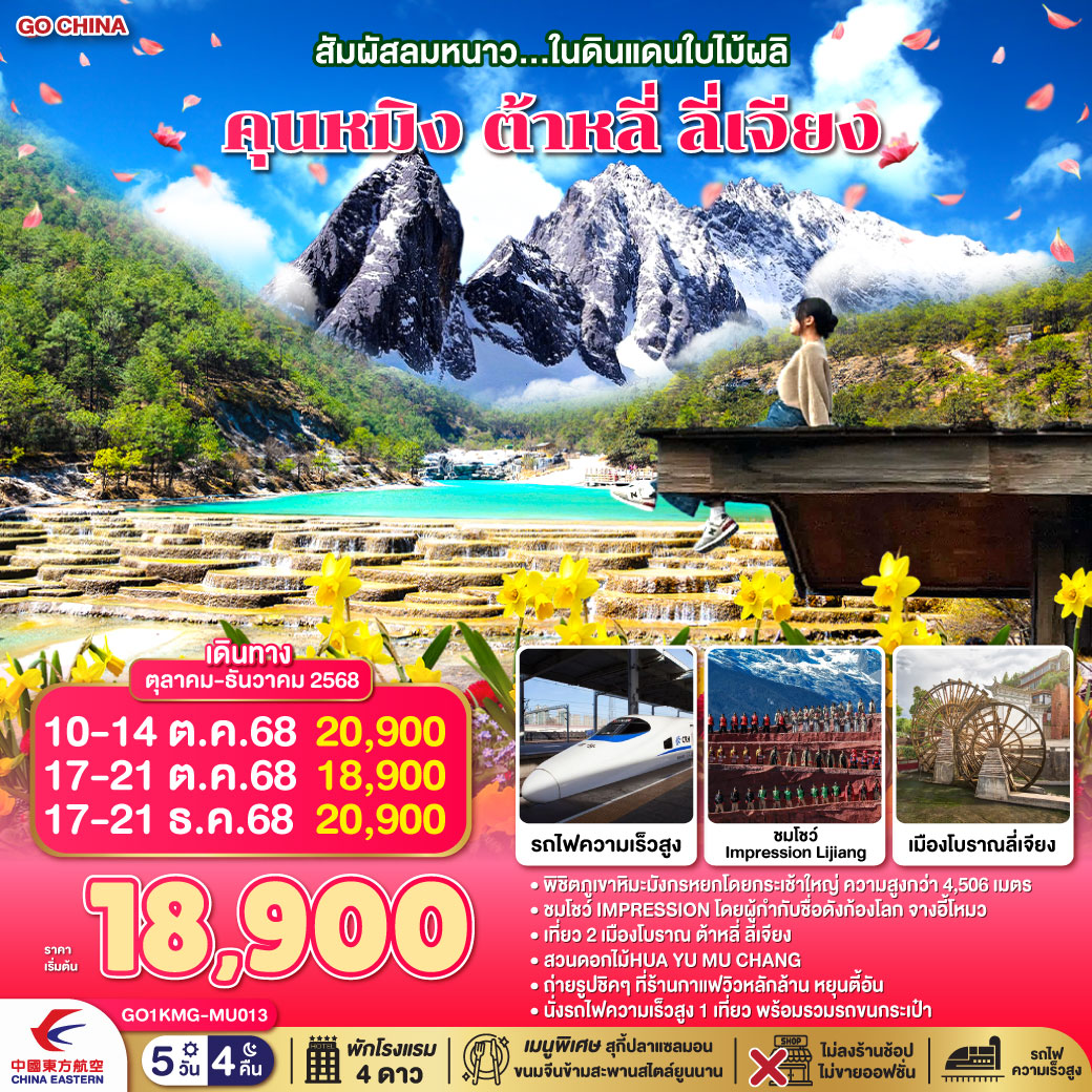 ทัวร์จีน สัมผัสลมหนาว...ในดินแดนใบไม้ผลิ คุนหมิง ต้าหลี่ ลี่เจียง  *ไม่ลงร้าน* 5วัน 4คืน (MU)